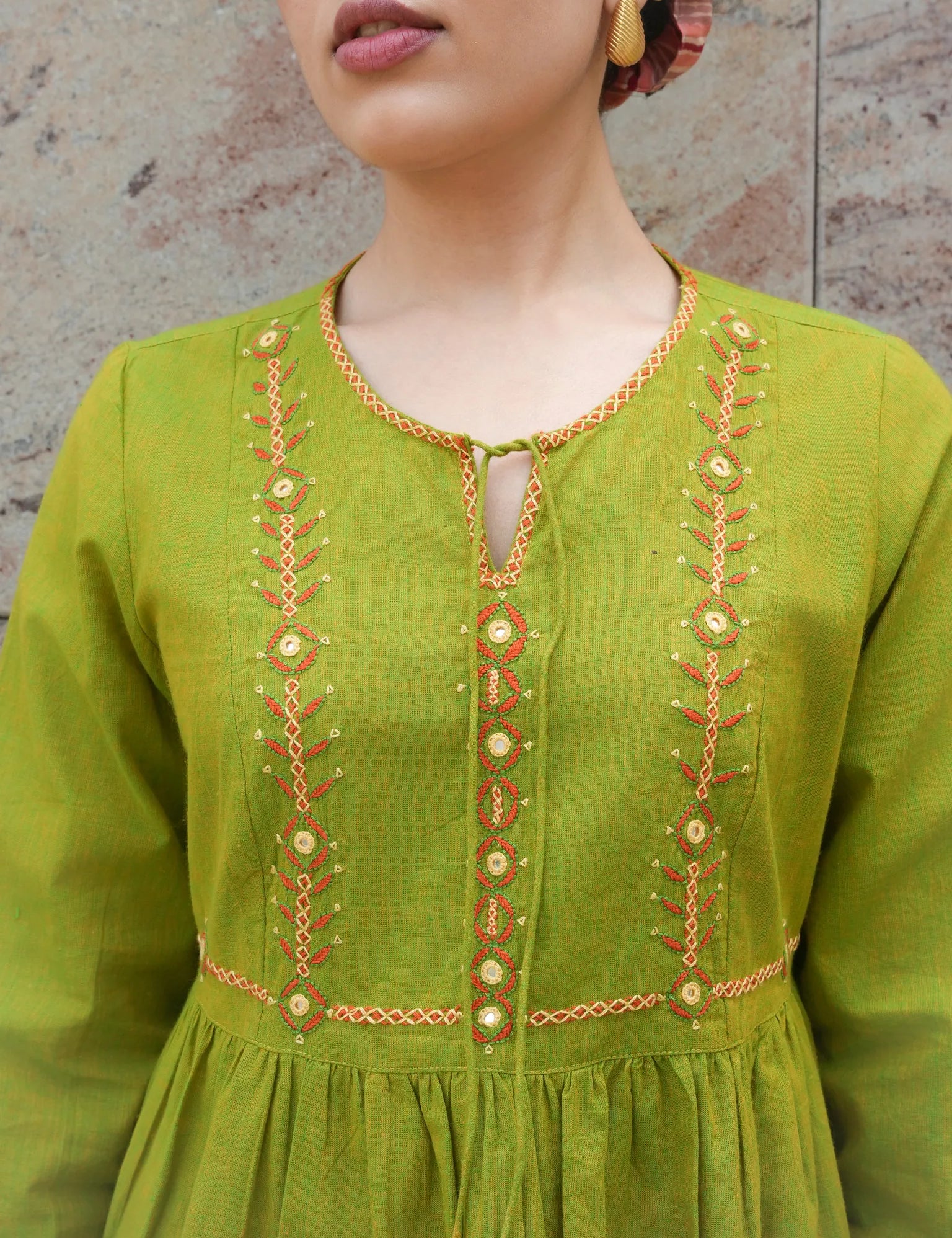 Green Mangalgiri Cotton Knee-Length Tunic Dress with Mirror Hand Embroidery and Tie Neck