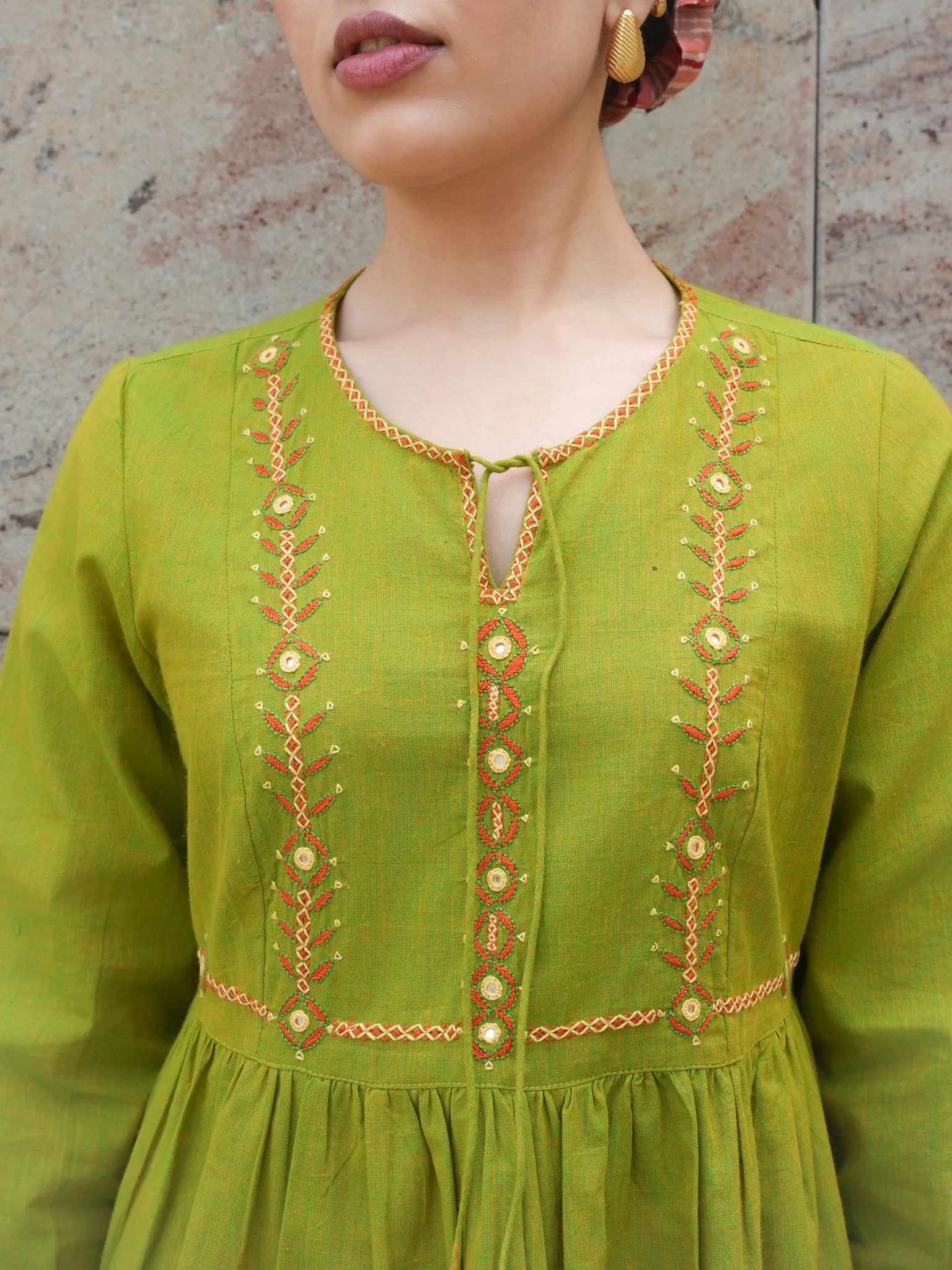 Green Mangalgiri Cotton Knee-Length Tunic Dress with Mirror Hand Embro – R.A Studio