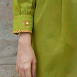 Green Mangalgiri Cotton Knee-Length Tunic Dress with Mirror Hand Embroidery and Tie Neck
