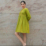 Green Mangalgiri Cotton Knee-Length Tunic Dress with Mirror Hand Embroidery and Tie Neck