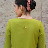 Green Mangalgiri Cotton Knee-Length Tunic Dress with Mirror Hand Embroidery and Tie Neck
