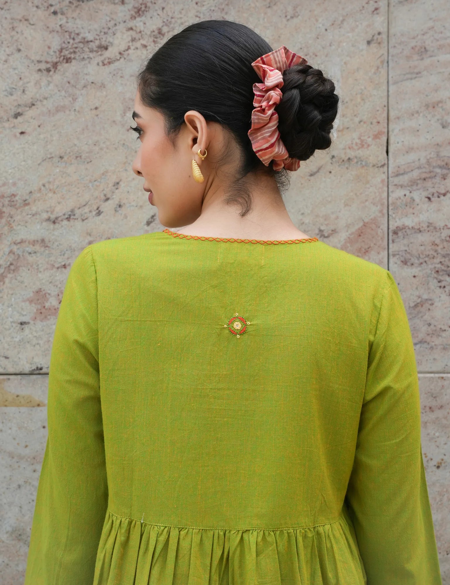 Green Mangalgiri Cotton Knee-Length Tunic Dress with Mirror Hand Embroidery and Tie Neck
