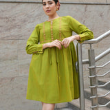 Green Mangalgiri Cotton Knee-Length Tunic Dress with Mirror Hand Embroidery and Tie Neck
