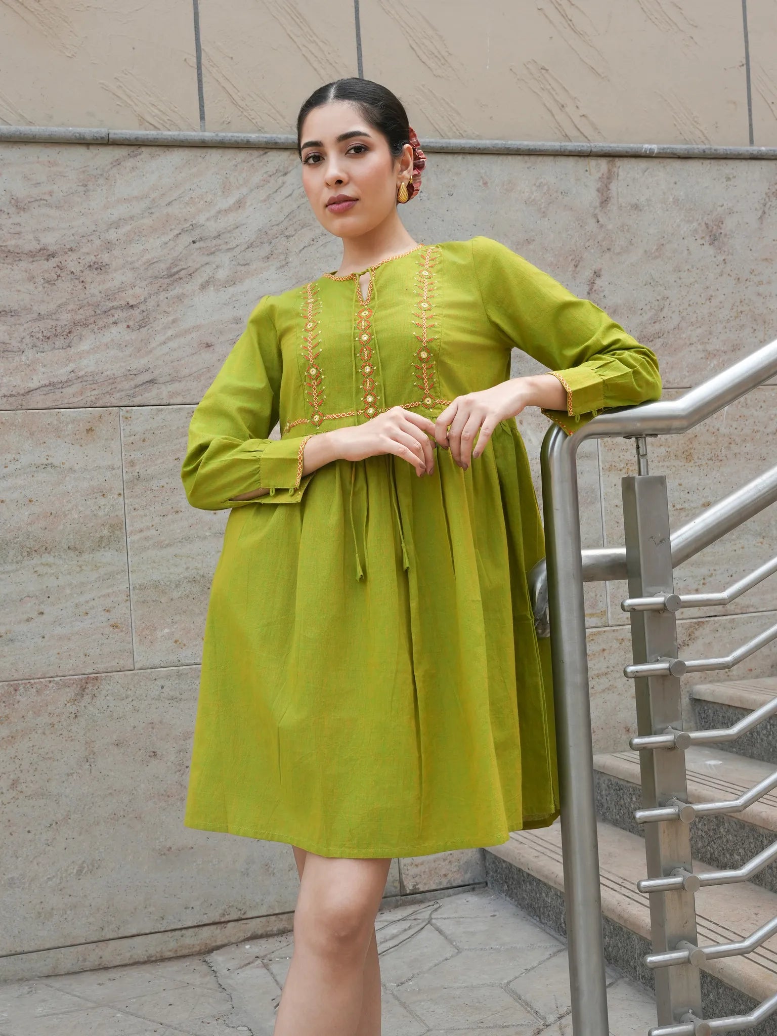 Green Mangalgiri Cotton Knee-Length Tunic Dress with Mirror Hand Embro – R.A Studio