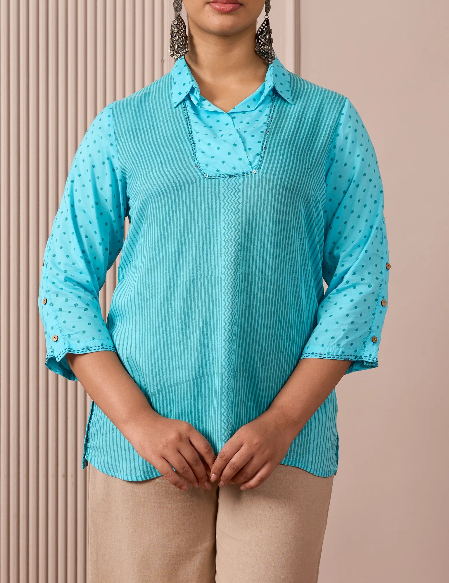 RA Studio Collared Tunic Blue Stripe and Dot Block Print