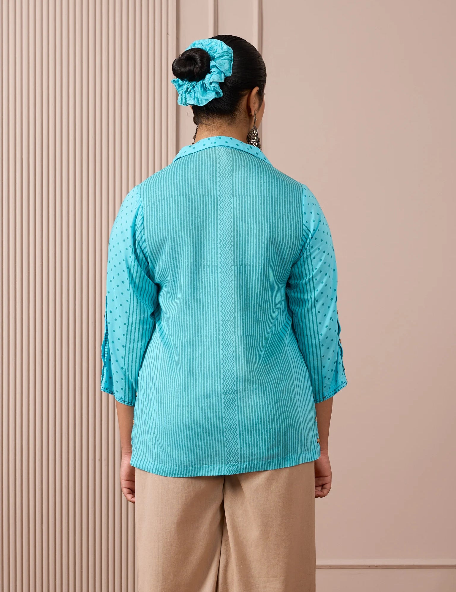 RA Studio Collared Tunic Blue Stripe and Dot Block Print