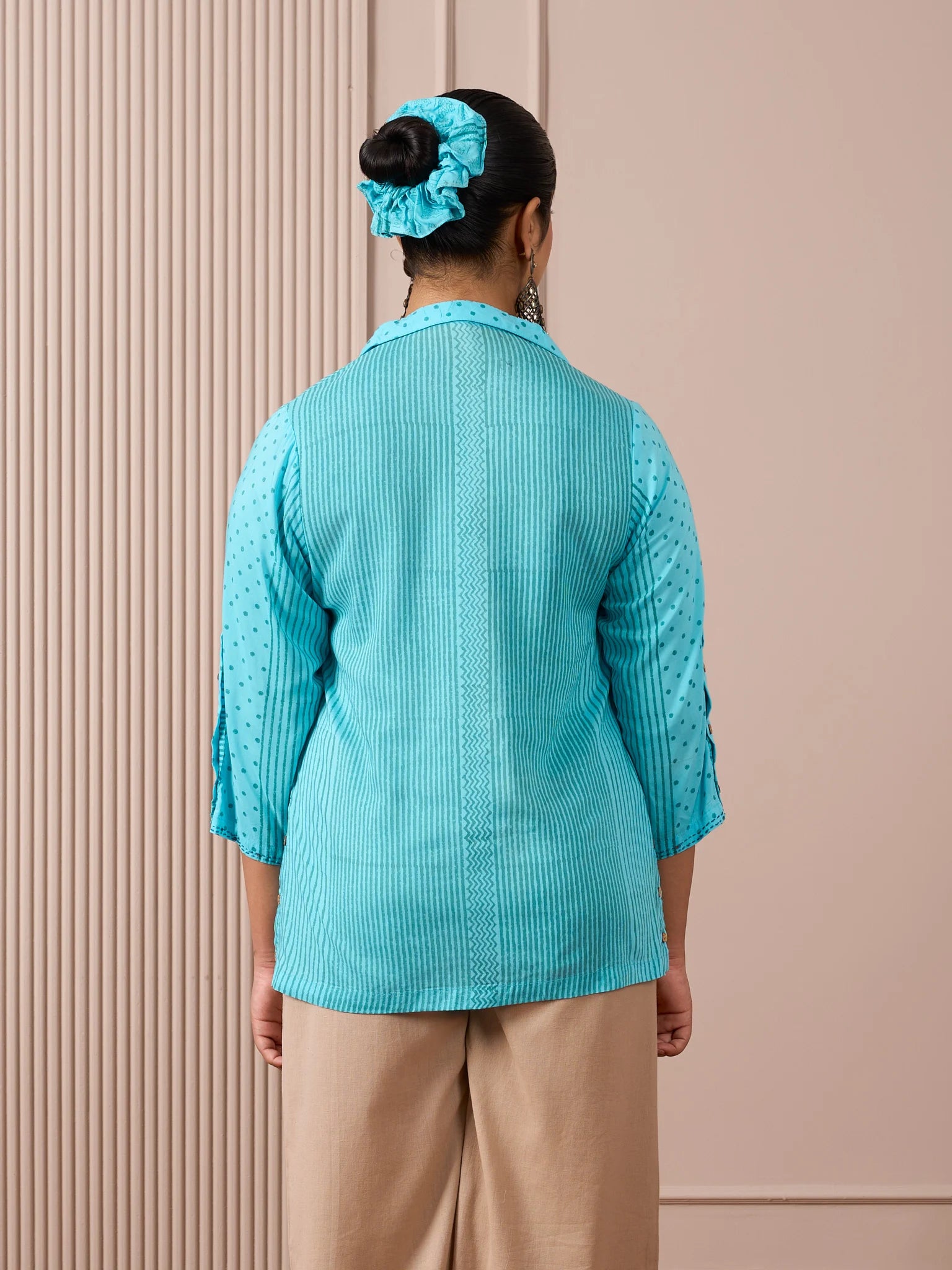 RA Studio Collared Tunic Blue Stripe and Dot Block Print