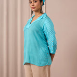 RA Studio Collared Tunic Blue Stripe and Dot Block Print