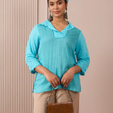 RA Studio Collared Tunic Blue Stripe and Dot Block Print