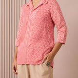 RA Studio Camp Collar Tunic Pink Moth and Stripe Block Print