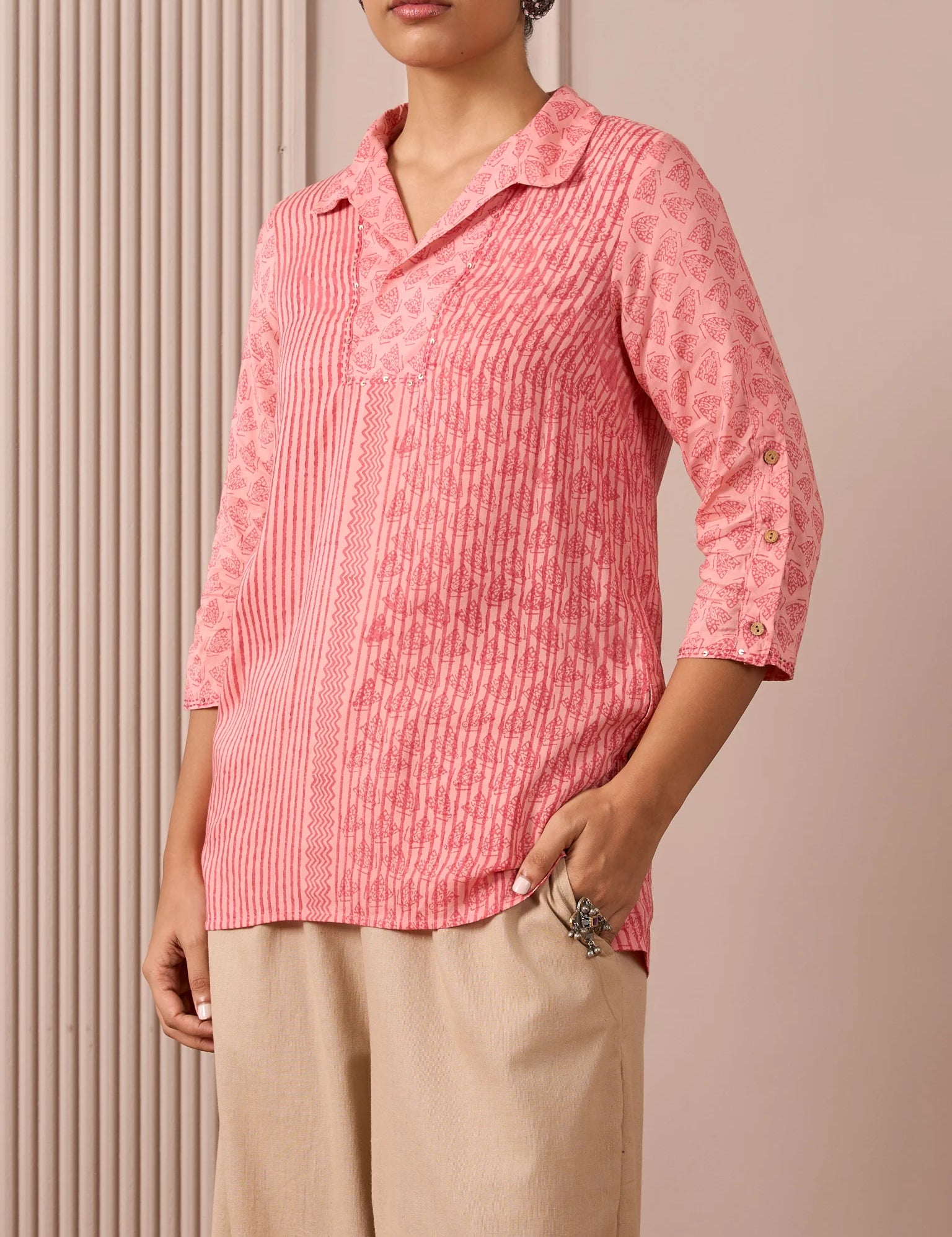 RA Studio Camp Collar Tunic Pink Moth and Stripe Block Print