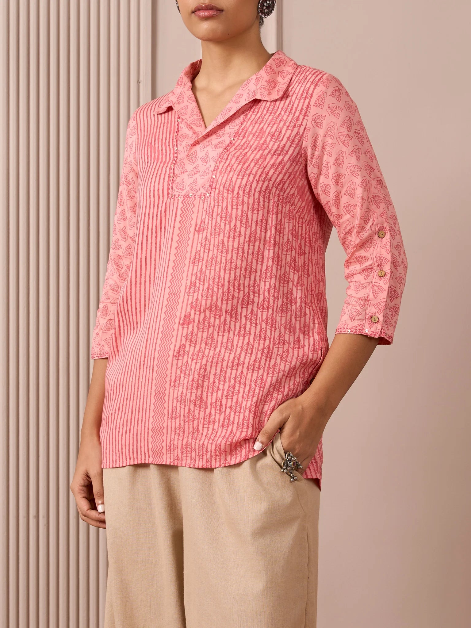 RA Studio Camp Collar Tunic Pink Moth and Stripe Block Print