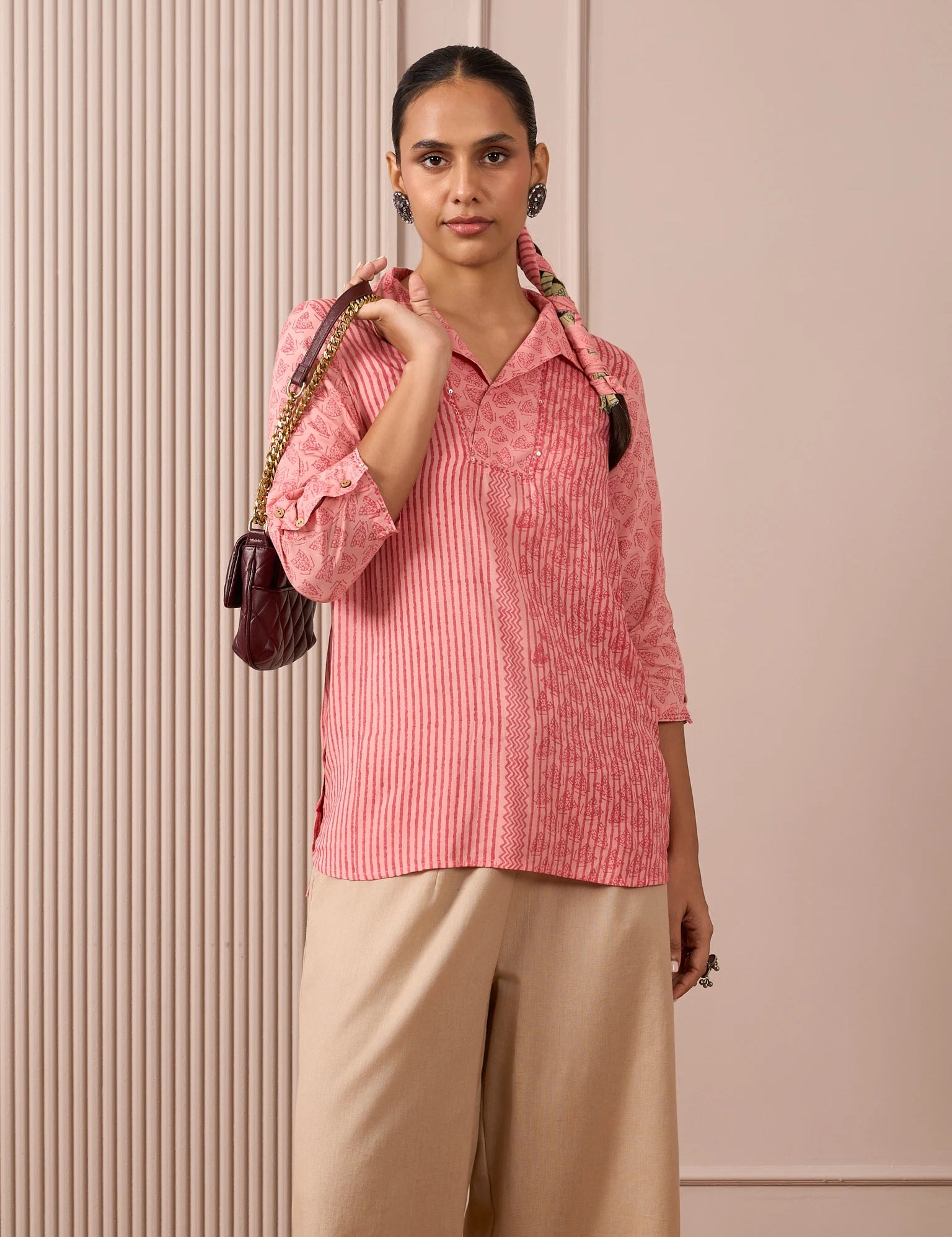 RA Studio Camp Collar Tunic Pink Moth and Stripe Block Print