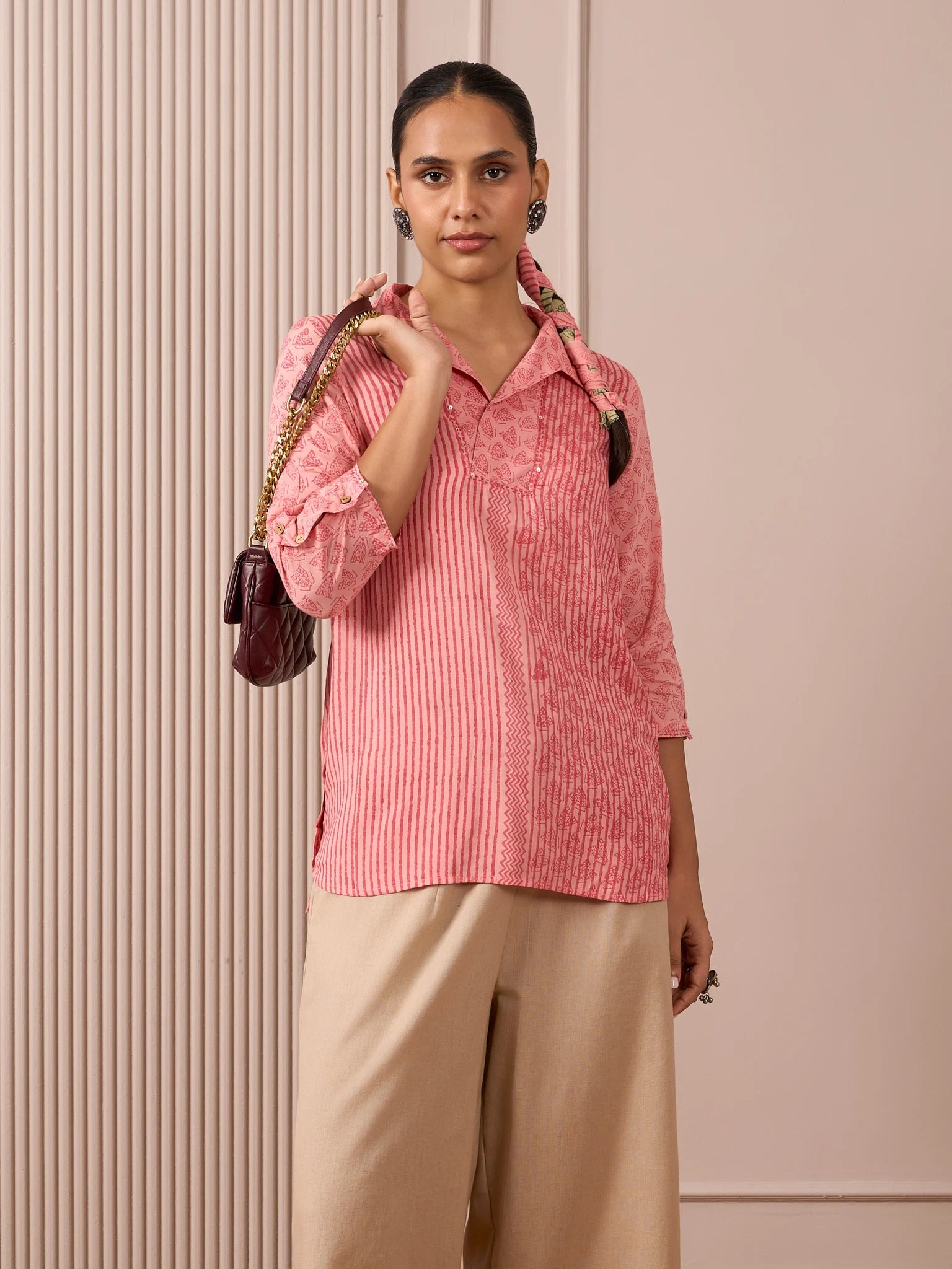 RA Studio Camp Collar Tunic Pink Moth and Stripe Block Print