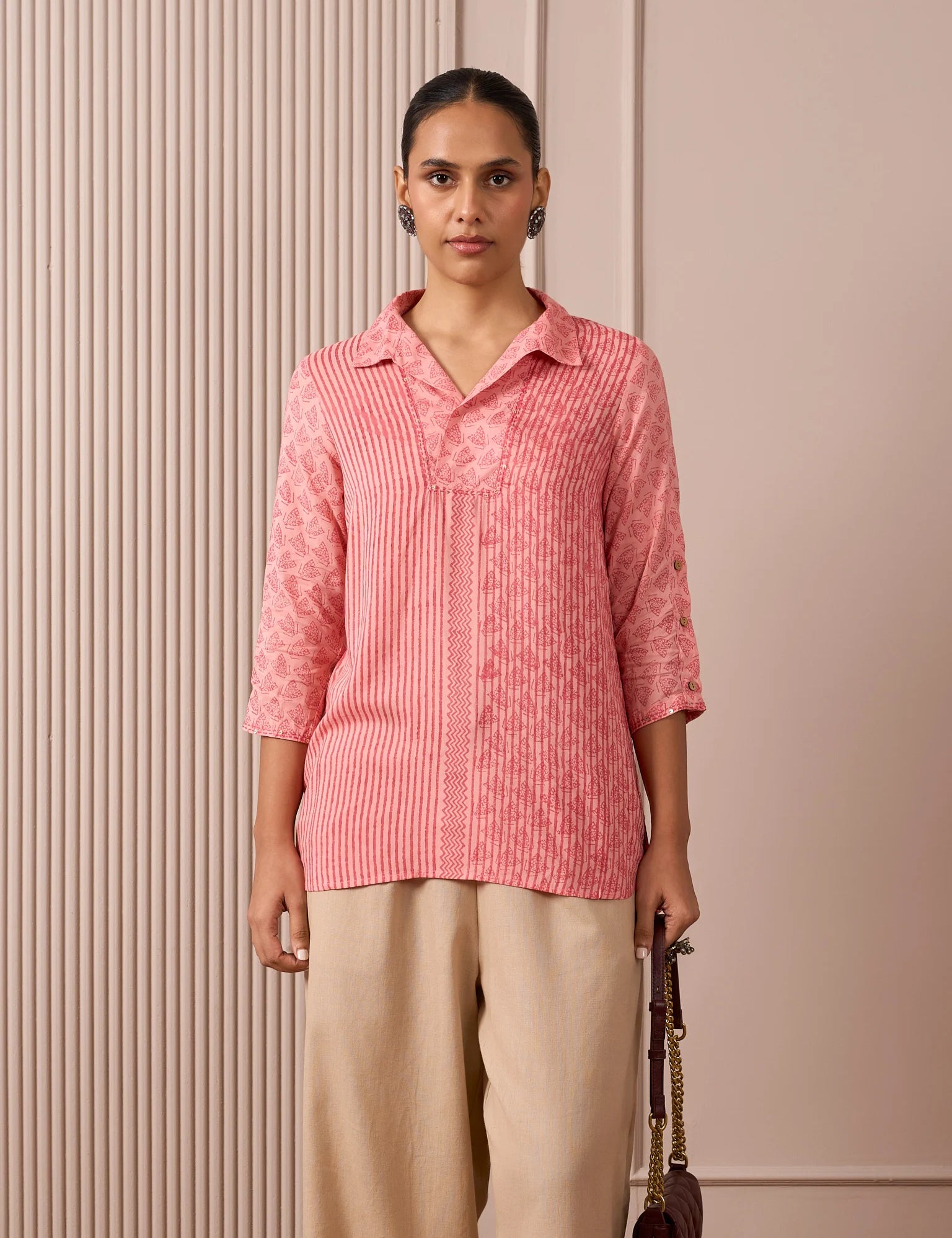 RA Studio Camp Collar Tunic Pink Moth and Stripe Block Print