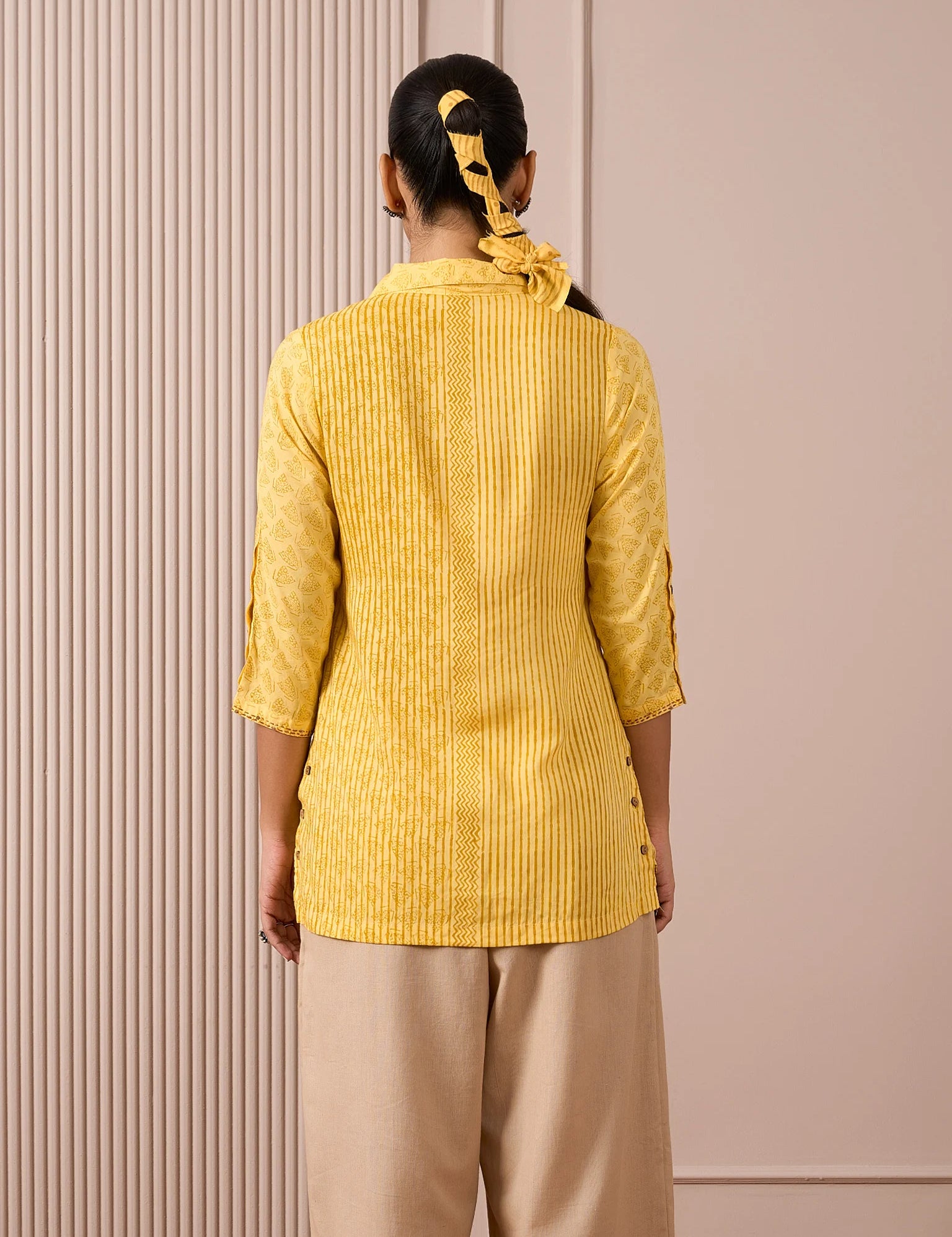 RA Studio Camp Collar Tunic Yellow Stripe and Dot Block Print