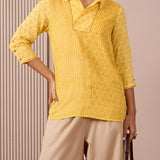 RA Studio Camp Collar Tunic Yellow Stripe and Dot Block Print