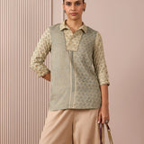 RA Studio Camp Collar Tunic Green Moth and Stripes Block Print