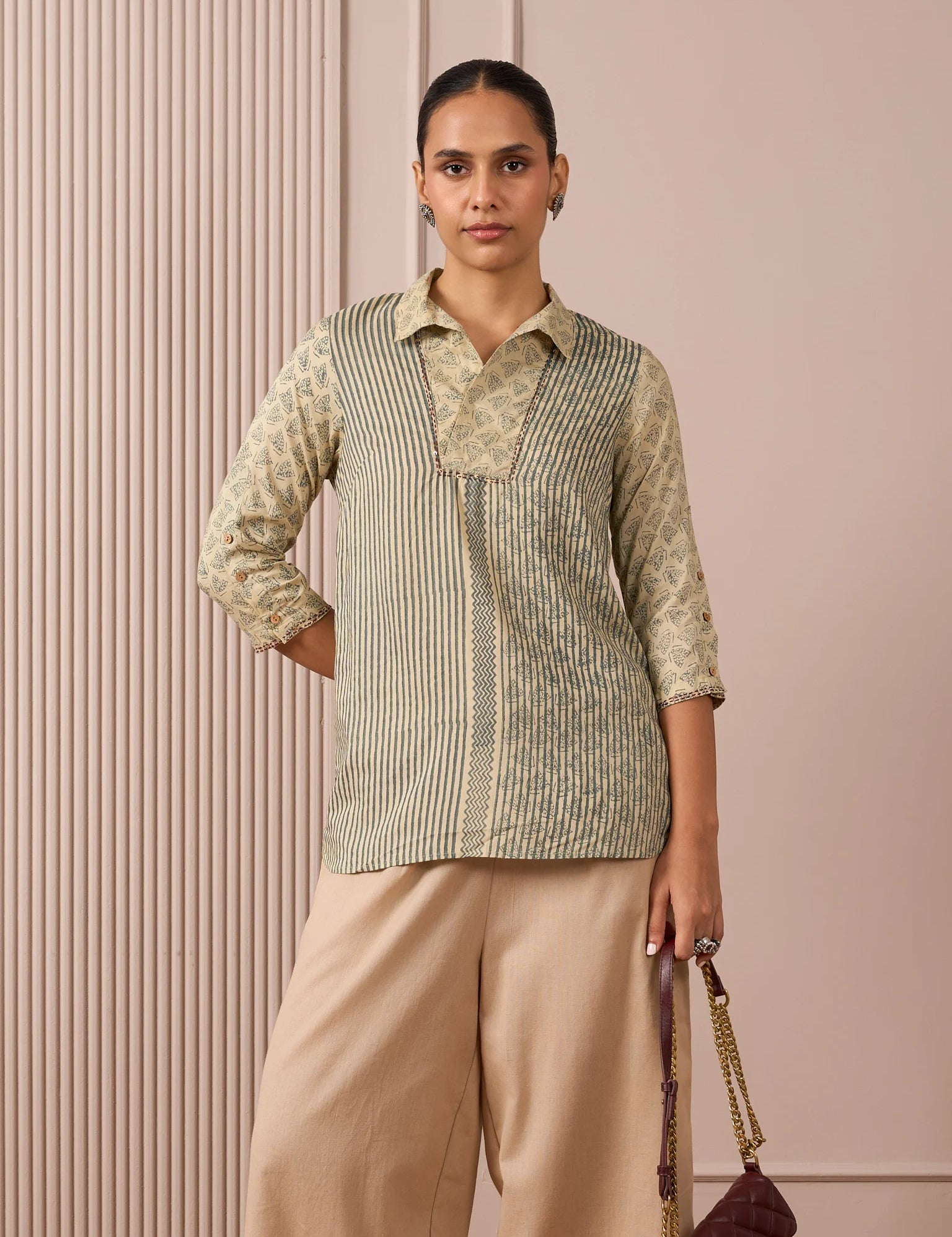 RA Studio Camp Collar Tunic Green Moth and Stripes Block Print