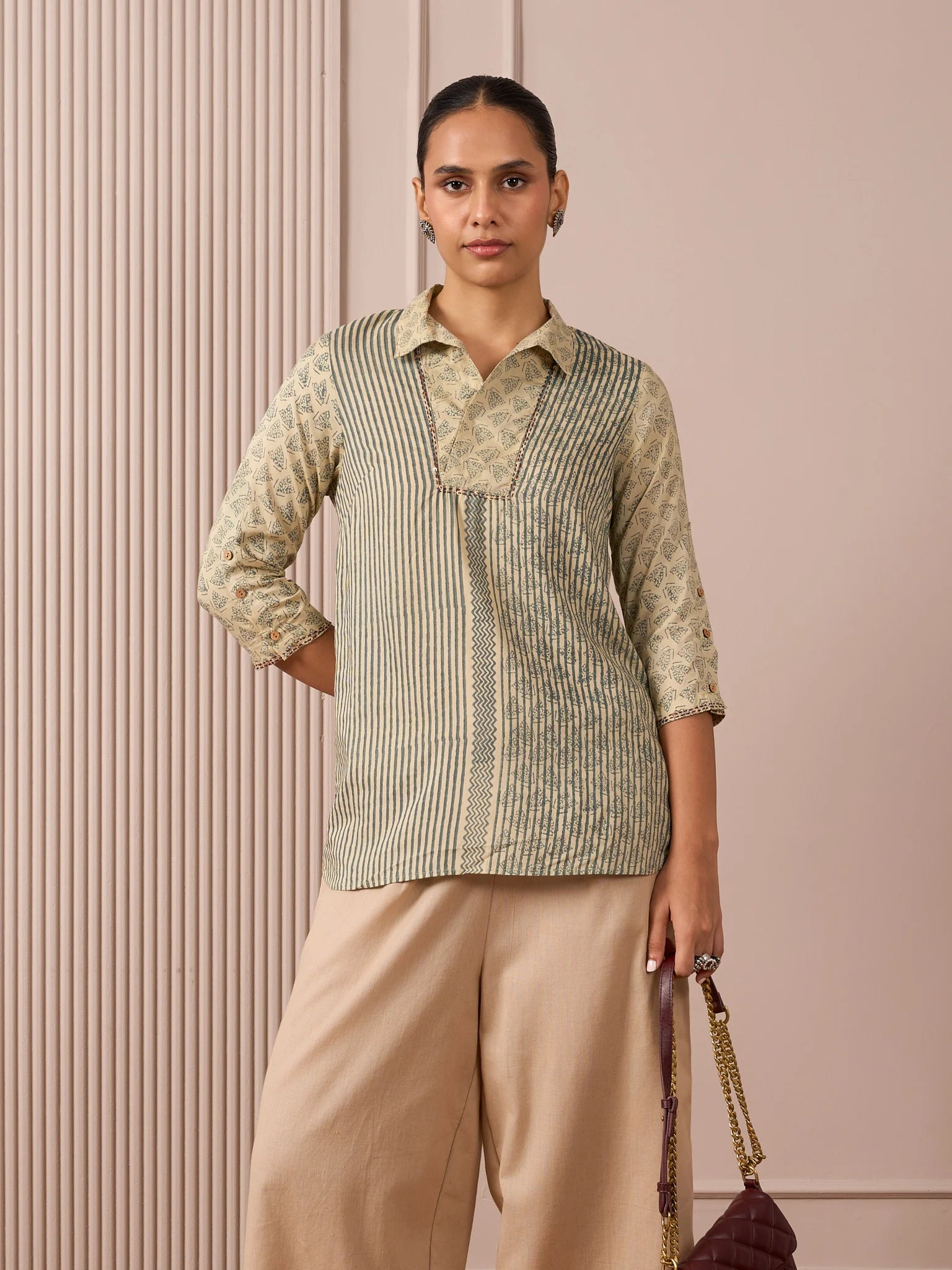 RA Studio Camp Collar Tunic Green Moth and Stripes Block Print