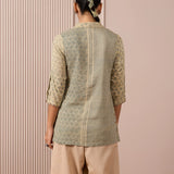 RA Studio Camp Collar Tunic Green Moth and Stripes Block Print