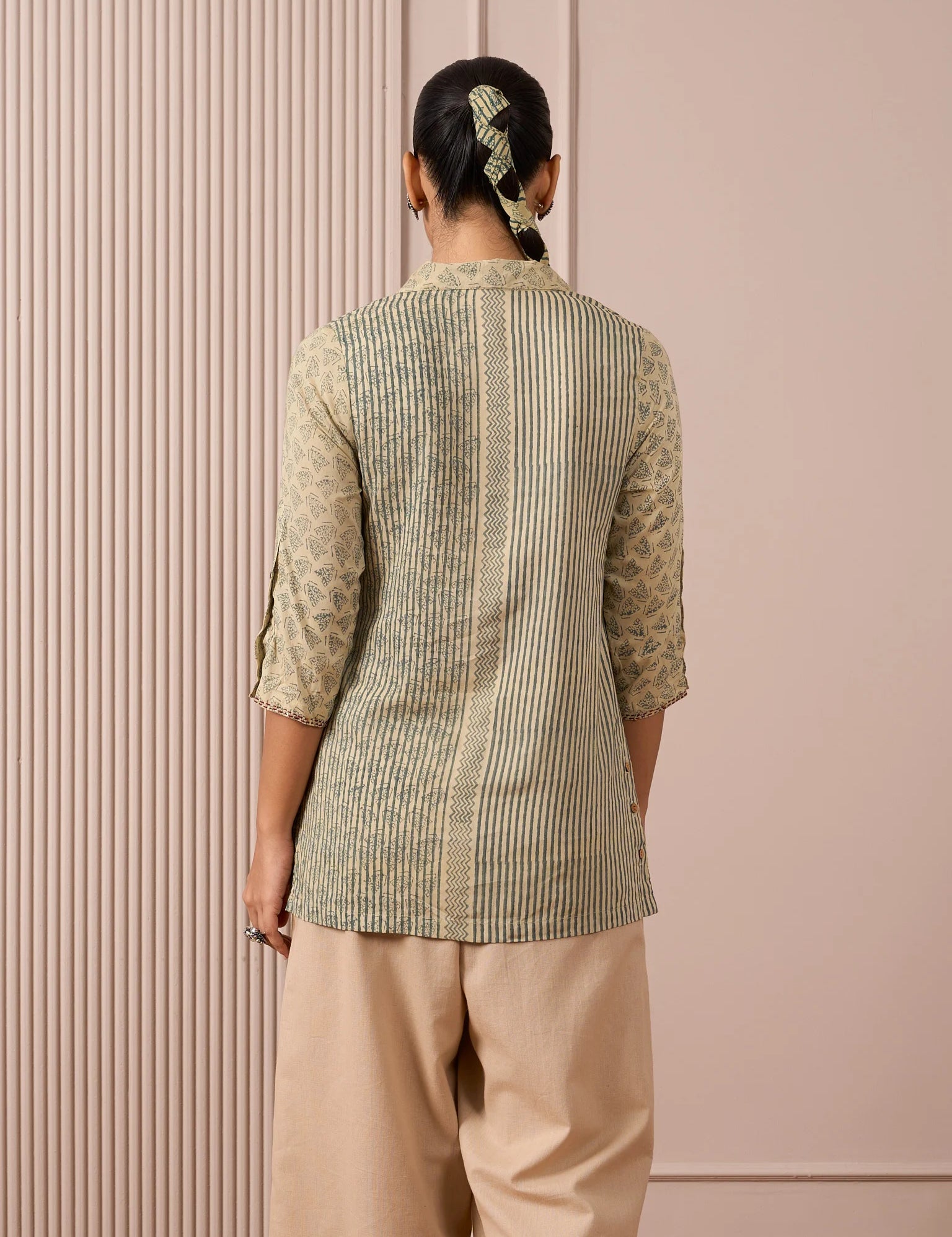 RA Studio Camp Collar Tunic Green Moth and Stripes Block Print