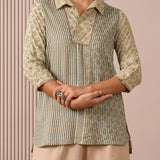 RA Studio Camp Collar Tunic Green Moth and Stripes Block Print