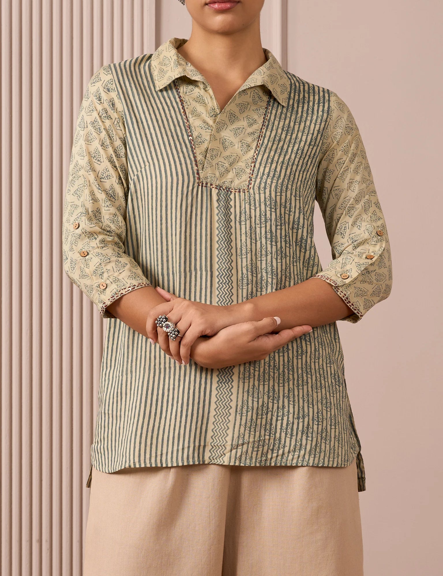 RA Studio Camp Collar Tunic Green Moth and Stripes Block Print
