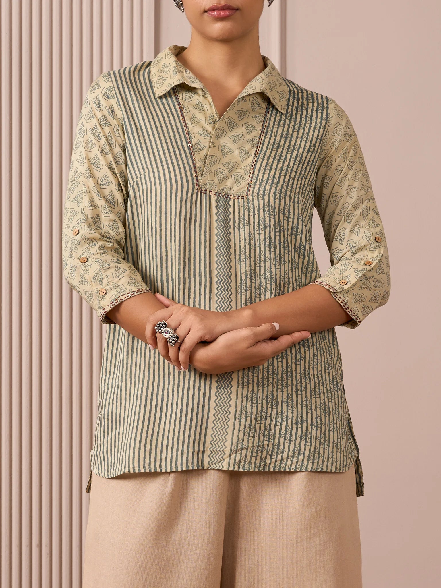 RA Studio Camp Collar Tunic Green Moth and Stripes Block Print
