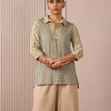RA Studio Camp Collar Tunic Green Moth and Stripes Block Print