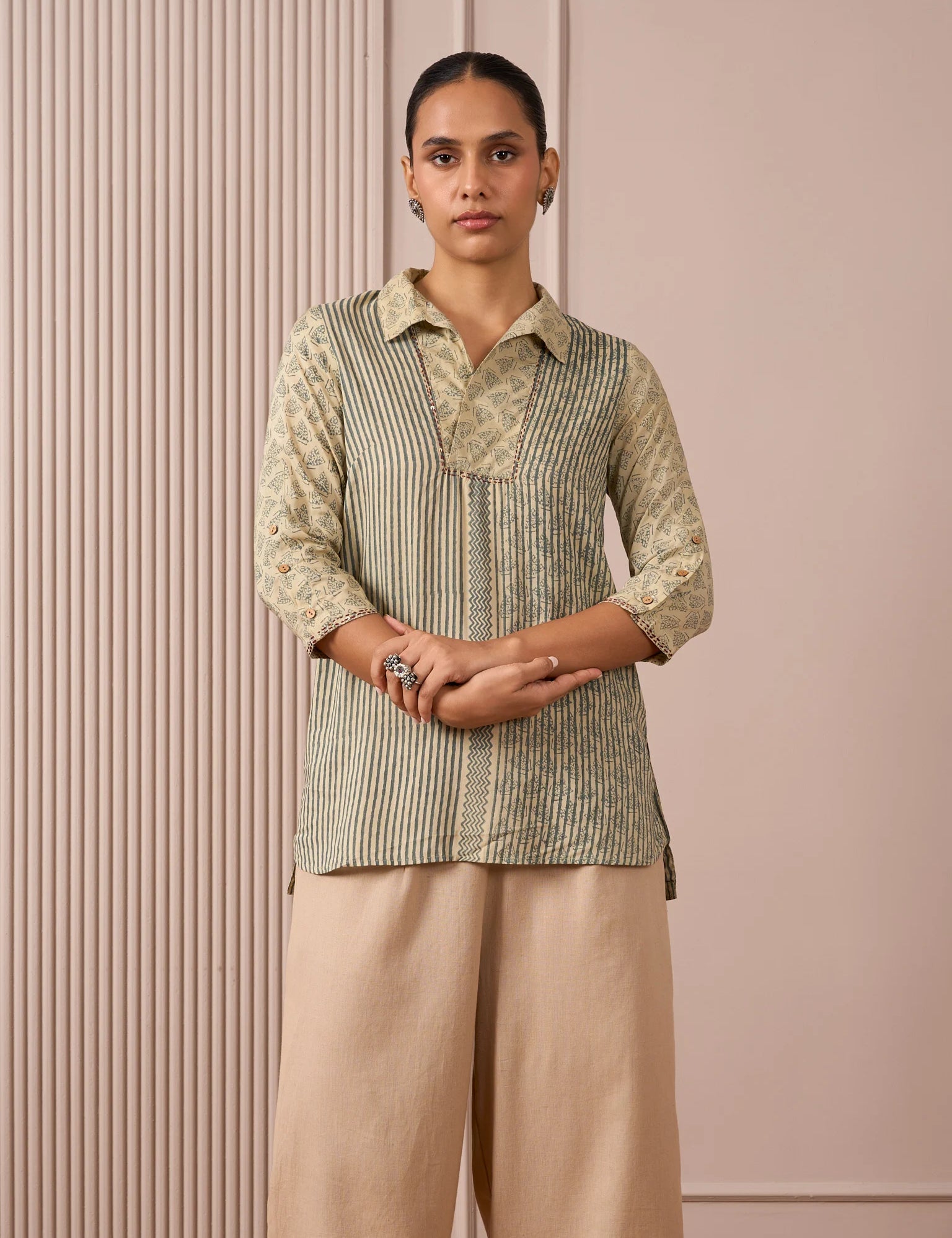 RA Studio Camp Collar Tunic Green Moth and Stripes Block Print