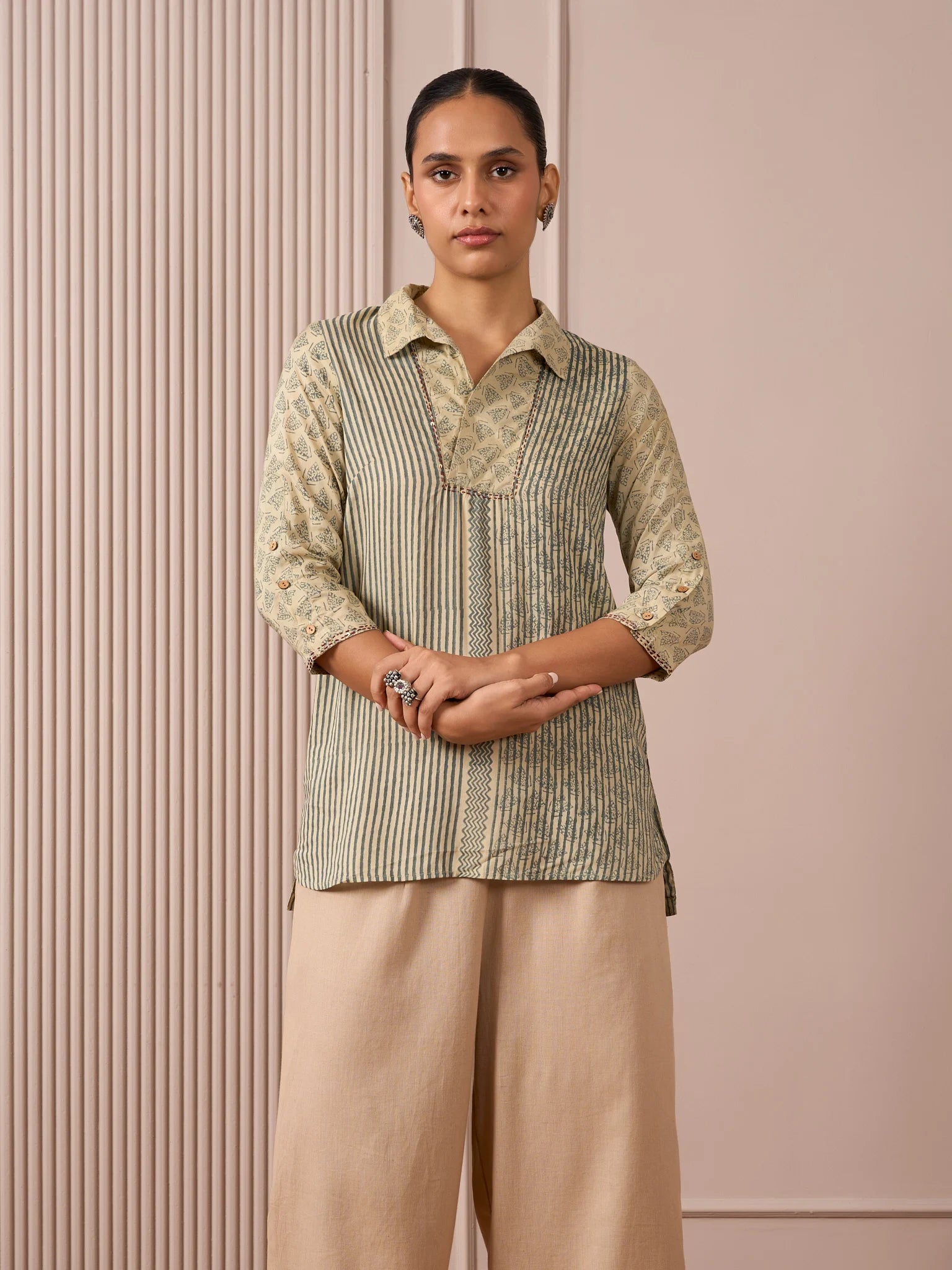 RA Studio Camp Collar Tunic Green Moth and Stripes Block Print