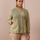 RA Studio Flat Collar Block Printed Shirt with Pockets Green Moth and Stripes