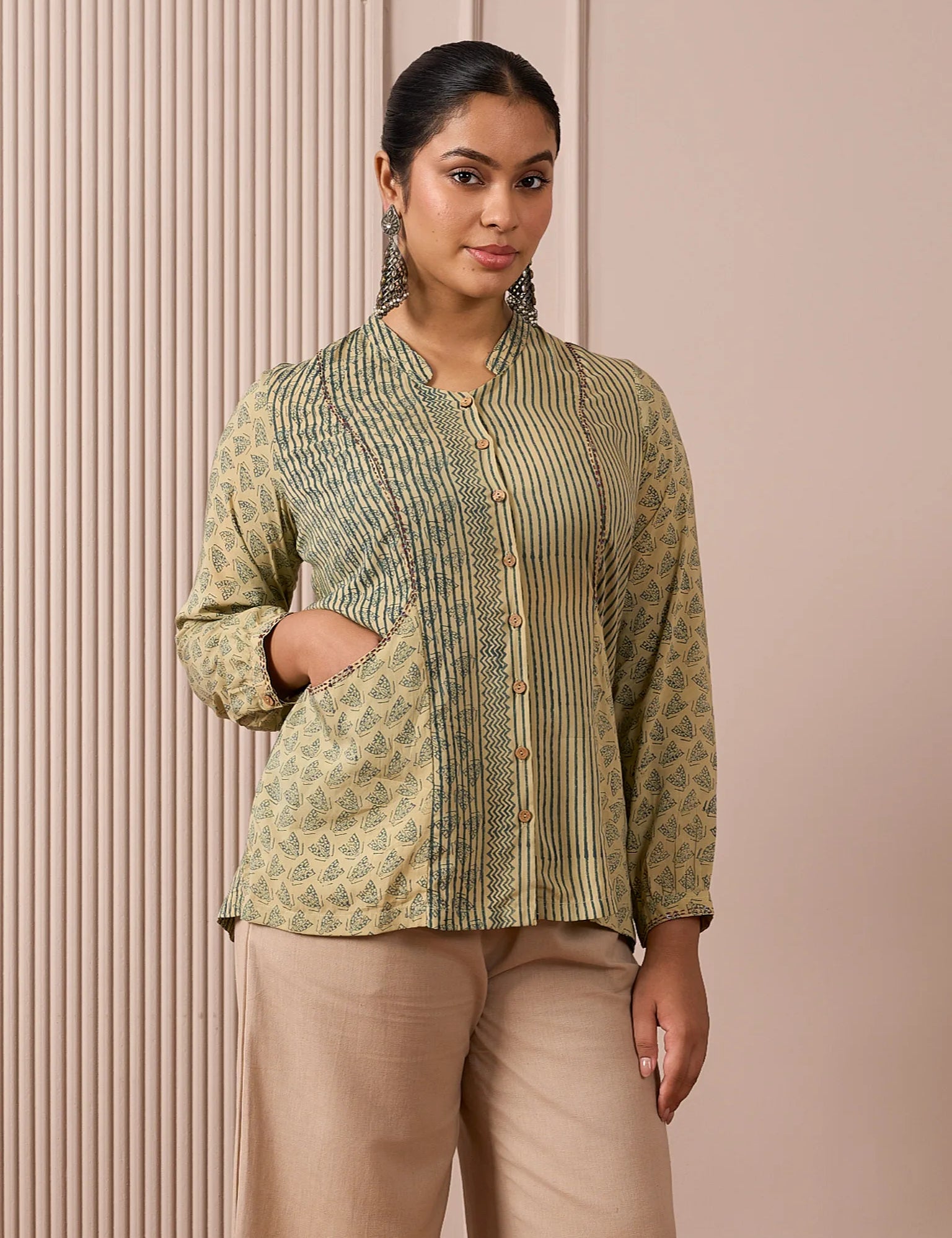 RA Studio Flat Collar Block Printed Shirt with Pockets Green Moth and Stripes