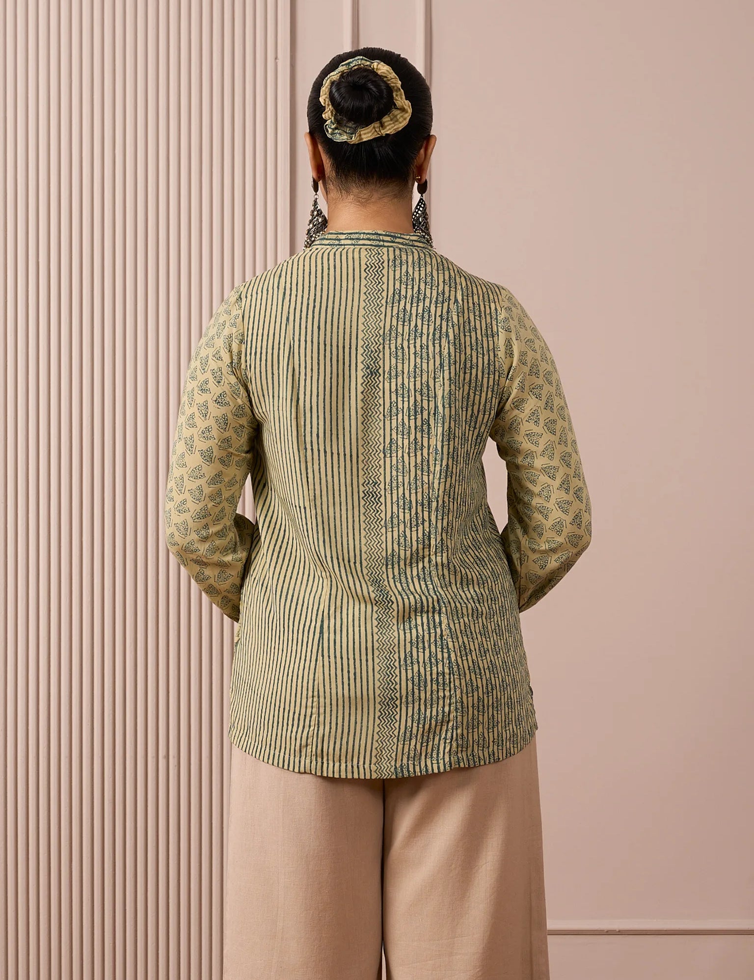 RA Studio Flat Collar Block Printed Shirt with Pockets Green Moth and Stripes
