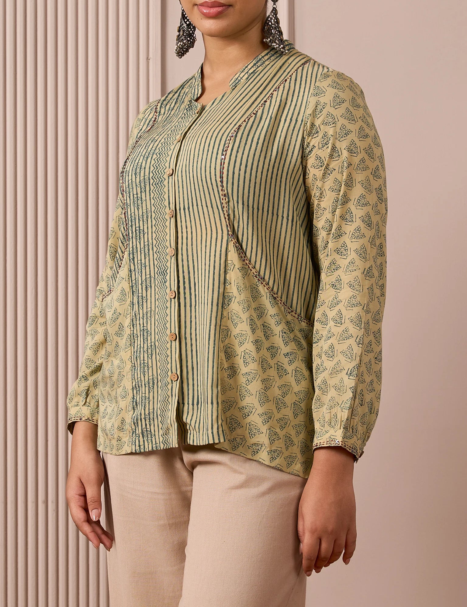 RA Studio Flat Collar Block Printed Shirt with Pockets Green Moth and Stripes