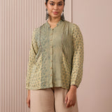 RA Studio Flat Collar Block Printed Shirt with Pockets Green Moth and Stripes