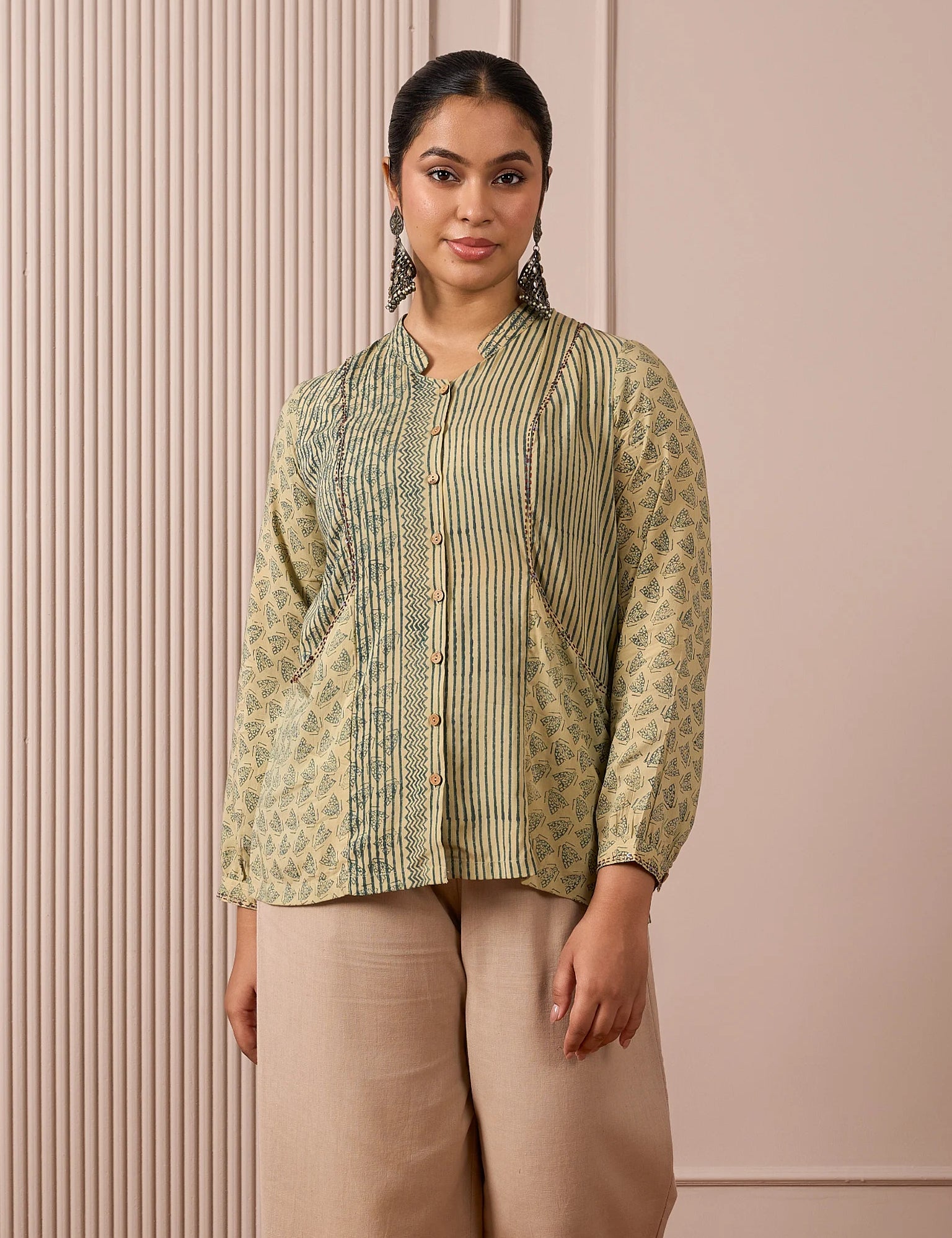 RA Studio Flat Collar Block Printed Shirt with Pockets Green Moth and Stripes
