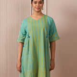 RA Studio Teal Blue Block Print Dress Princess Line Cut with Stripes & Hand-Embroidered Pocket