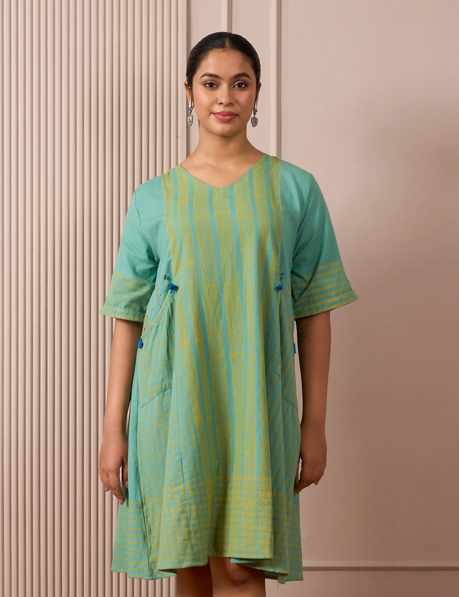 RA Studio Teal Blue Block Print Dress Princess Line Cut with Stripes & Hand-Embroidered Pocket