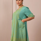 RA Studio Teal Blue Block Print Dress Princess Line Cut with Stripes & Hand-Embroidered Pocket