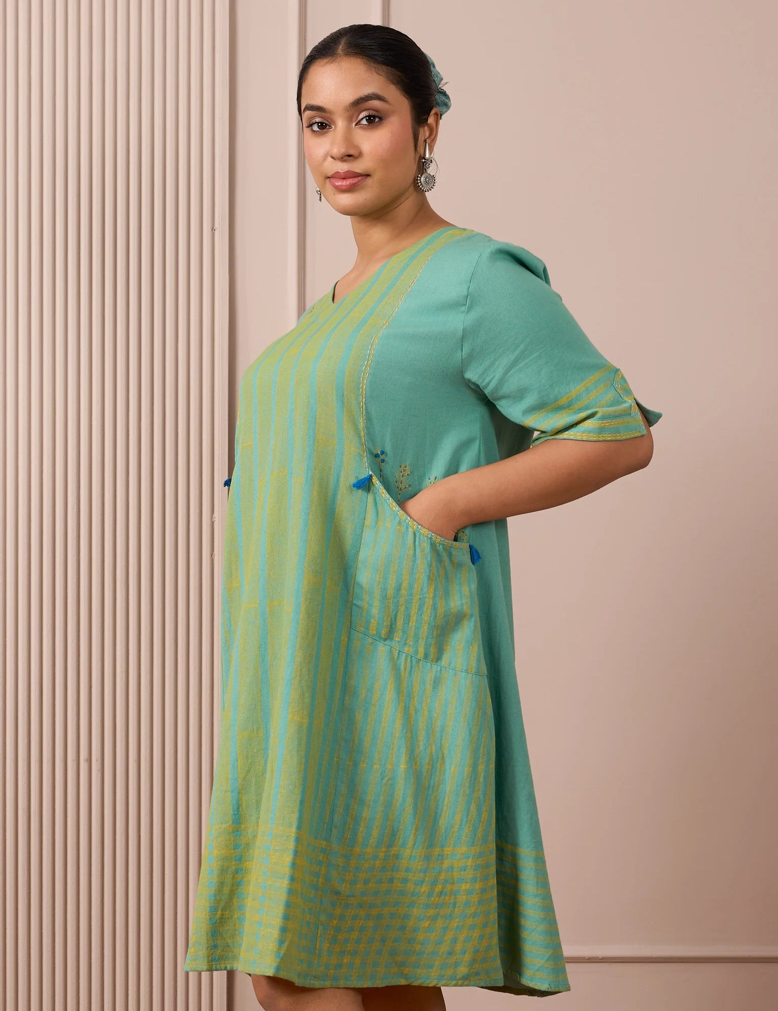RA Studio Teal Blue Block Print Dress Princess Line Cut with Stripes & Hand-Embroidered Pocket