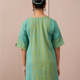RA Studio Teal Blue Block Print Dress Princess Line Cut with Stripes & Hand-Embroidered Pocket
