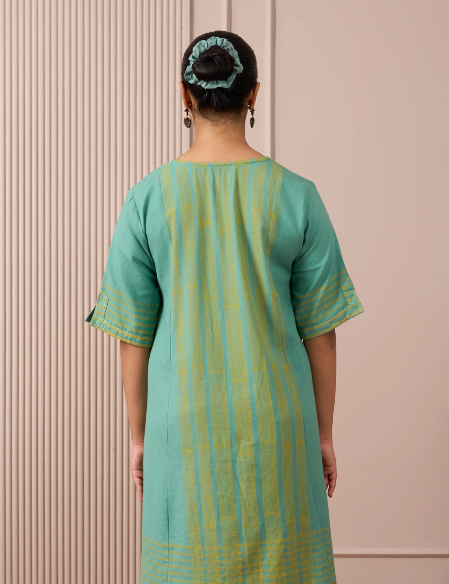 RA Studio Teal Blue Block Print Dress Princess Line Cut with Stripes & Hand-Embroidered Pocket