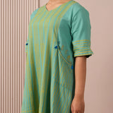 RA Studio Teal Blue Block Print Dress Princess Line Cut with Stripes & Hand-Embroidered Pocket