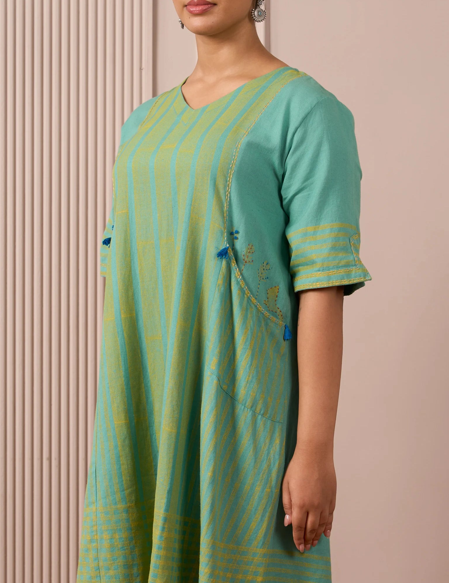 RA Studio Teal Blue Block Print Dress Princess Line Cut with Stripes & Hand-Embroidered Pocket
