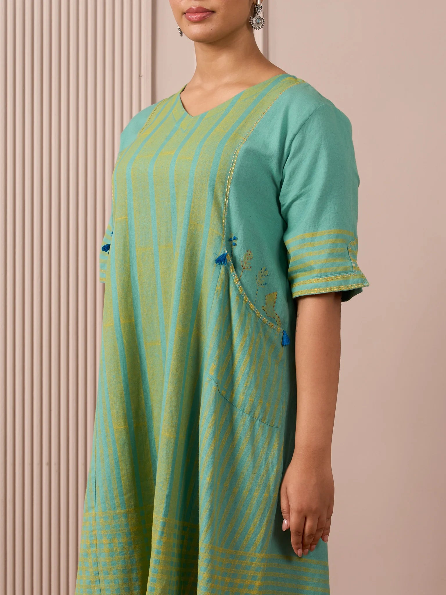 RA Studio Teal Blue Block Print Dress Princess Line Cut with Stripes & Hand-Embroidered Pocket