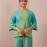 RA Studio Teal Blue Block Print Dress Princess Line Cut with Stripes & Hand-Embroidered Pocket