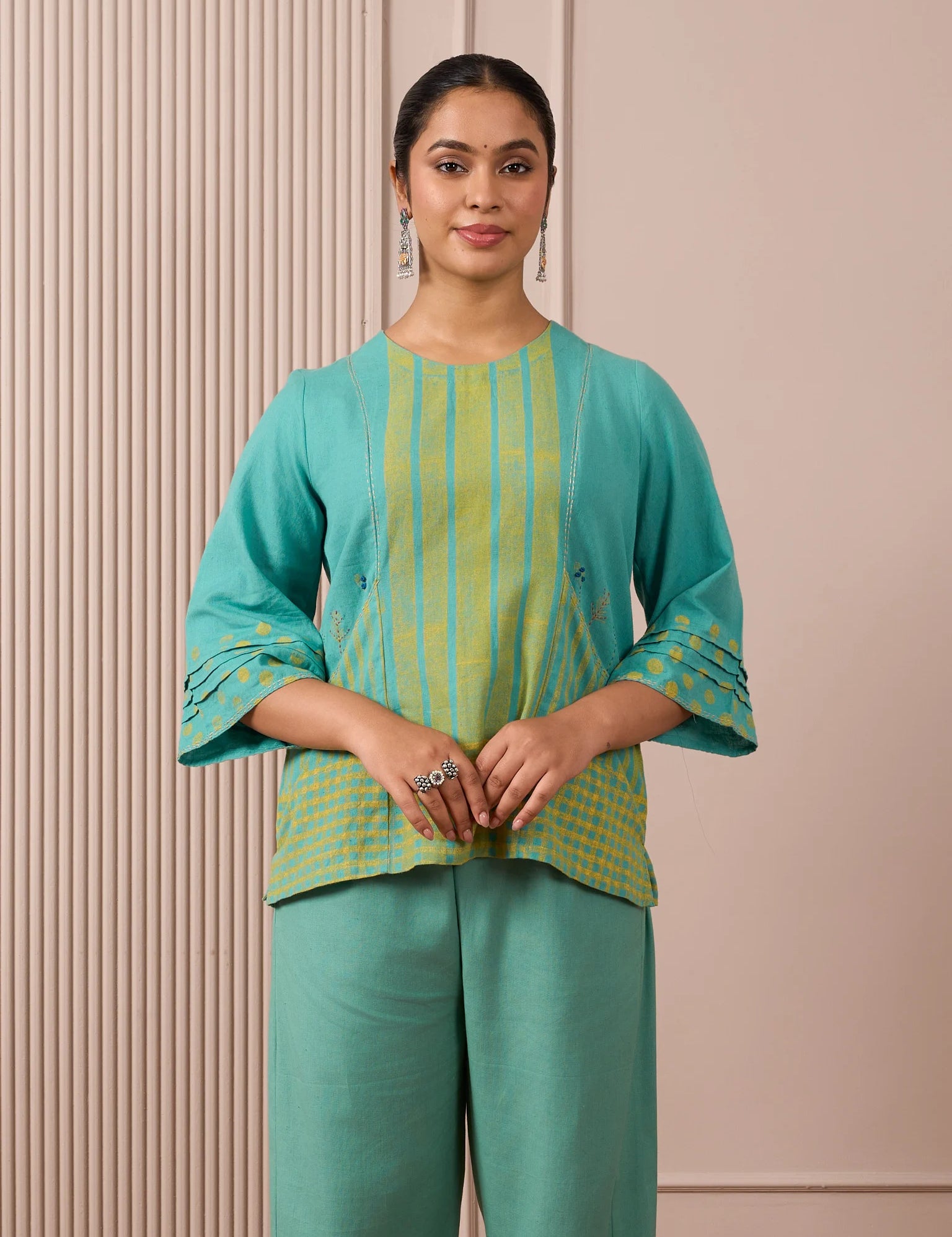 RA Studio Teal Blue Block Print Dress Princess Line Cut with Stripes & Hand-Embroidered Pocket