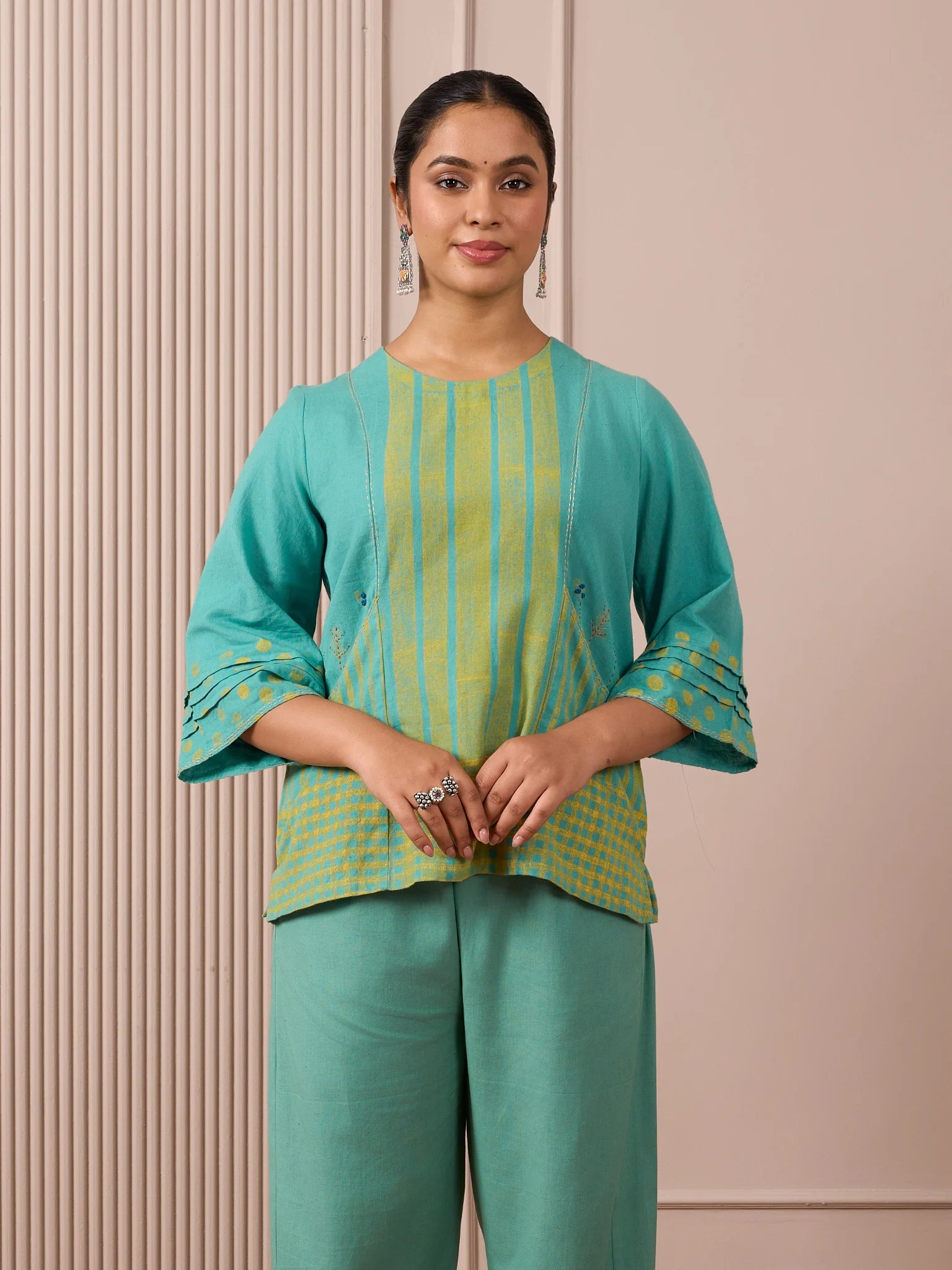 RA Studio Teal Blue Block Print Dress Princess Line Cut with Stripes & Hand-Embroidered Pocket